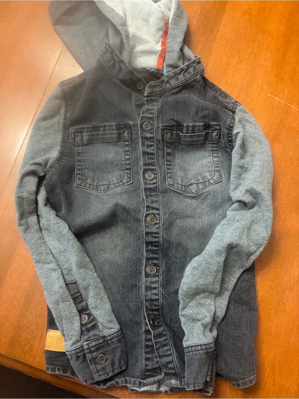 Kids Hooded Denim Jacket with Gray Knit Sleeves